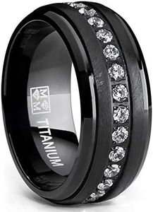 Metal Masters Co. Black Titanium Men's Eternity Wedding Band Ring with Clear Round Cubic Zirconia 9mm, Metal, Cubic Zirconia