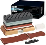 Cutluxe Knife Sharpener Stone Kit – Whetstone, Sharpening Stone, Professional 4 Side Grit 400/1000/3000/8000 Wet Stone, Non Slip Acacia Wood Base, Angle Guide, Black Flattening Stone, Leather Strop