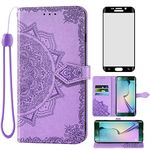 Asuwish Compatible with Samsung Galaxy S6 Edge Wallet Case and Tempered Glass Screen Protector Flip Cover Card Holder Stand Cell Accessories Phone Cases for Glaxay S6edge 6s 6 S 6edge Women Men Purple