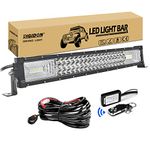 RIGIDON Car Led Light Bar With 12V Strobe Remote Control Wiring Harness Cable Kit, Straight 22 inch 270W, 7D Tri Row Driving Work Lamp for Car Off road Truck SUV 4x4, Flood Spot Combo Beam, 6000K