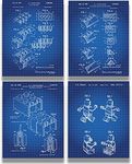 Govivo Legos Patent - A Set of Four Lego Patents Wall Art Decor Prints with blue backgrounds - unframed artwork printed on photograph paper