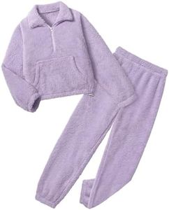 Yimoon Girls Fleece Pants Set Fuzzy 2 Piece Outfits Quarter-Zip Sweatshirt Pants Fall Winter Girls Clothing Set(Purple-7Y)