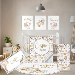 Terwex Personalized Baby Crib Bedding Set, 5 Pcs Custom Name Nursery Bedding Set, Yellow Flower Baby Bedding Set for Girl Boy, Double Layer Baby Crib Sets, Customized Gifts for Toddlers Kids Infants