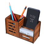 Kbr Pen Stand With Visiting Card & Mobile Holder Multipurpose Wooden Stationery Desk Organizer Pen And Pencil Stand For Office Table With Business Card Holder Box And Mobile Stand Line, Brown