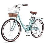 Viribus Women’s Comfort Bike, 66 cm 7 Speed Bicycle for Women, Beach & City Cruiser Bike with Shimano Derailleur Rattan Basket Steel Rack, Step Through Bike for Women Adults, Mint