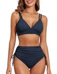 Bsubseach Womens Tummy Control Bikini Solid Color Swimsuit 2 Piece High Waisted Bathing Suits Blue S