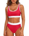 Tempt Me Women Two Piece High Waisted Bikini Sets Sporty Swimsuit Cheeky Color Block Bathing Suit, Red White, X-Large