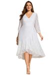 Ever-Pretty Women's V Neck Lantern 3/4 Sleeves Lace A Line Semi Formal Dresses Plus Size Midi Wedding Guest Dresses 02238-DA, White, 18