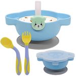 SNOWIE SOFT® 4Pcs Baby Plates for Baby with Cover, Fork, PriSpoons and Straws, Food Grade PP Suction Cup Bowl Set, Self Feeding for Toddler, Dishwasher & Microwave Safe, BPA Free