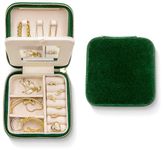 Plush Velvet Travel Jewelry Box Organizer | Travel Jewelry Organizer Box | Travel Jewelry Case | Small Jewelry Box for Women | Jewelry Travel Case | Earring Organizer Box with Mirror - Emerald Velvet