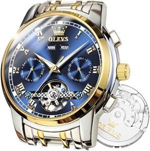 OLEVS Watch Men Automatic Watches for Men Tourbillon Self Winding Skeleton Watch for Men Men's Wrist Watches Luxury Dress Waterproof Mens Watch Blue Dial Mechanical Wristwatch Day Date,reloj para hombre