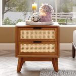 KHUSHAL ART Jasper Deluxe Solid Wood Rattan Nightstand Fully Assembled-Mid Century Modern Side Table with 2 Drawers-Multipurpose use for Living Room, Bedroom-Dark Chocolate