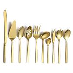 Berglander Gold Serving Utensils 10 Pieces, Titanium Golden Plating Serving Spoons, Included Cake Knife Cake Server Serving Forks Sugar Spoon Salad Spoon Forks Butter Knife Gravy Ladle ect.