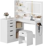 TRIUMPHKEY Dressing Table with Stool,Vanity Desk with 5 Drawers,Power Outlet,Corner Makeup Table with 3 Colors LED Mirror,Open Shelves,Bedroom Furniture for Women Girls