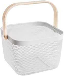 SANHSEHOME Metal Mesh Steel Basket, Garden Harvest Basket for Gathering Vegetables Square Wire Basket with Handle Storage Organizer Multi-functional Fruit Basket Bin for Kitchen Garden Picnic(White)