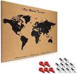 Navaris Cork Board World Map - 20 x 28 in Bulletin Memo Corkboard in World Map Design with 15x Push Pins for Kitchen, Classroom, Home Office, Bedroom