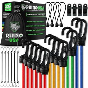 RHINO USA Bungee Cords with Hooks - Heavy Duty Outdoor 28pc Assortment with 4 Free Tarp Clips, Drawstring Organizer Bag, Canopy Ties & Ball Bungees