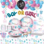 MY GRECA Gender Reveal Party Supplies (Serves 20) - Baby Gender Reveal Decorations - Confetti Balloon, Plates, Cups, Cupcake Topper & Wrappers, Happy Birthday Banner, Tablecloth, Balloon Garland Kit.