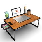 OPTIFINE Foldable Wooden Mini Laptop Table for Bed, Study Table with Drawer, Tablet/Mobile Holder for Kids & Adults->> (Black-US-COTTED-Wood)