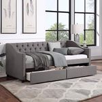 Wakefit Twin Size Upholstered Daybed with Storage Drawers, Solid Wood Sofábed Bed Frame with Linen Fabric & Wood Slat Support for Bedroom, Living Room, Office, No Box Spring Needed, Grey