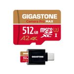 [5-Yrs Free Data Recovery] GIGASTONE 512GB Micro SD Card with USB 3.2 Type C Card Reader, 4K Camera Pro MAX, A2 V30 MicroSDXC Memory Card for Gopro, 4K UHD Video, Up to 160/100 MB/s with Adapter