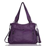 Angelkiss 2 Top Zippers Multi Pockets Purse for Women/Washed Leather Purses/Shoulder Bags/Handbags 1193 (purple)