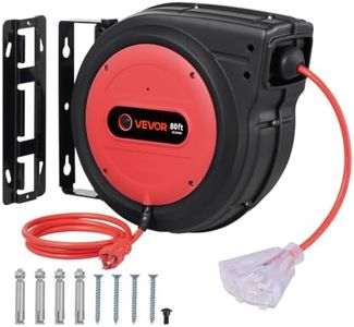 VEVOR 80FT Retractable Extension Cord Reel, 12AWG/3C SJTOW Heavy Duty Power Cord w/Lighted Electrical Triple Tap Outlets, 15A Circuit Breaker,180° Swivel Bracket for Workshop or Garage, Red