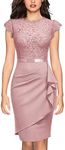 Miusol Women's Elegant Floral Lace Ruffle Design Cap Sleeve Cocktail Party Dress (Large, Pink)