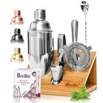 barillio Elite Mixology Bartender Kit Cocktail Shaker Set: Drink Mixer Set with Bar Tools, Sleek Bamboo Stand, Velvet Carry Bag & Recipes Booklet Small Bartender Kit Silver