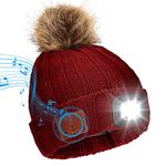 Achort Wireless Bluetooth Beanie Hat with 4 LED Headlamp USB Rechargeable V5.0 Beanie Hat Warmer Fleece Lined Built-in Stereo Speakers and Mic for Women Running Skiing Hiking Camping Cycling Red