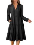 ANRABESS Womens V Neck Long Sleeve Midi Dress 2024 Fall Fashion Casual Fit Flowy Swing Tiered Boho Beach Vacation Dresses, Black, X-Large