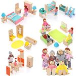 Wooden Dollhouse Furniture Doll House Furnishings with 8 Pieces Winning Doll Family Set, Dollhouse Accessories for Miniature Dollhouse, Family Figures Imaginative Play Toy (Cute Style)