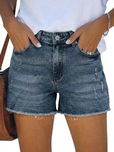 MINGALONDON Distressed Shorts for Women Casual Mid Rise Denim Shorts Stretch Ripped Raw Hem Jean ShortsNavy L