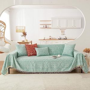STACYPIK Comfy Green Geometric Couch Cover Boho Sofa Cover Blanket Loveseat Covers for Dogs Washable Sectional Sofa Covers 3 Cushion Couch Tassel Multi-Use Blankets Aztec Couch Slipcovers-71X150IN