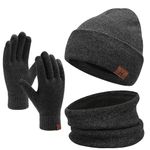 FZ FANTASTIC ZONE Mens Womens Beanie Hat Scarf Touchscreen Gloves Warm Knit Beanie Gloves Neck Warmer Set with Fleece Lined Dark Gray