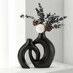 Black Hollow Ceramic Vase Set of 2, Unique Round Modern Vase for Nordic Minimalist Style Decor, Donut Boho Aesthetic Vase for Coffee & Kitchen Table, Pampas Grass Living Dining Room Decoration