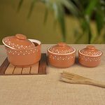 StyleMyWay Studio Pottery Handpainted Ceramic Serving Donga (Set of 3, Terracotta Brown) | Dinner Serving Bowl Set | Ceramic Kitchen Bowl Set