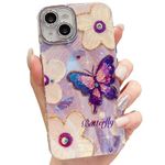 mobistyle Women Girls, Colorful Retro Oil Painting Flower Floral Design Shiny Bling Diamond Camera Cover Silicone Back Cover Case for iPhone 15, Butterfly Purple