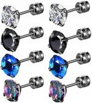 Hopply 4 Pairs Titanium Screw Back Surgical Stainless Steel Earrings for Women Men,Rainbow 5A Cubic Zirconia Studs Double Side Earrings Piercing Sleeper Jewelry 6mm (A-Black Colorful CZ)