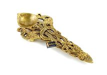 Two Moustaches Twin Peacock Design Round Brass Pooja Aarti Spoon, Hawan Spoon for Pouring Ghee In Hawan Kund, Antique Yellow