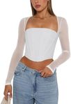 REORIA Women's Fall Fashion Mesh Long Sleeve Square Neck Boned Corset Tops Sexy Trendy Going Out Crop Tops (White X-Large)