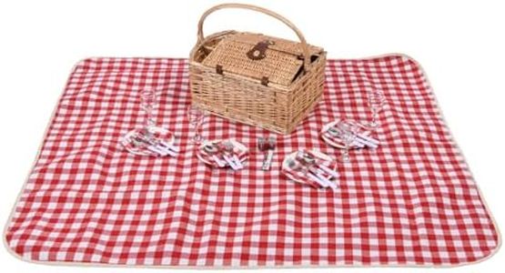 Sherwood Ascot 4 Person Natural Wicker Picnic Basket Set With Glass, Utensils, Plates Outdoor Camping Sandproof Waterproof With Red & White Gingham Rug Blanket - Natural Basket 48x33x20cm Rug 1.3x1.5m
