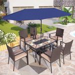 PHI VILLA 7 Pieces Outdoor Dining Set with Umbrella for 6, Rectangular Wood-Top Metal Table & Wicker Chairs with Cushions & 13ft Blue Umbrella, Modern Dining Furniture Set for Patio,Deck,Backyard