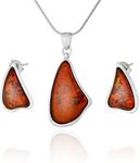 AMBEDORA Brigitte K Women's Jewellery Set | Sterling Silver 925 Shine | Baltic Amber in Cognac | Necklace Pendant and Earrings | Finished Gift Set, Sterling Silver, Amber