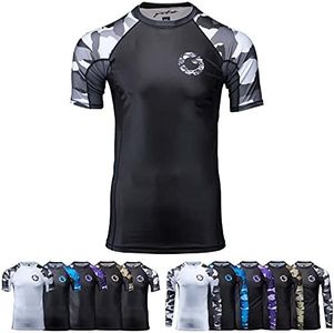 Gold BJJ Jiu Jitsu Rashguard - Camo Short Sleeve Rash Guard Compression Shirt for No-Gi, Gi, & MMA (Black Camo, L)