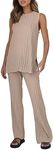 Tankaneo Two Pieces Outfits Sleeveless Top Knit Sets Trendy Lounge Long Pajamas Set, Camel, Small