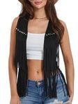 Women Cowgirl Tassel Waistcoat Suede Rivets Sleeveless Jacket 70s Western Hippie Country Concert Vest (A-Black, XL)