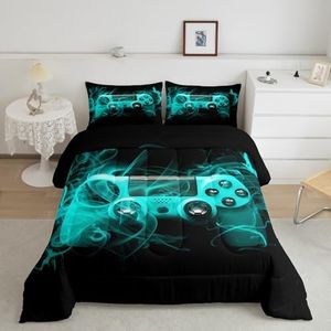 Feelyou Kids Gamer Comforter Set Queen Size Teens Gamepad Bedroom Decor for Boys Girls Video Game Controller Bedding Set Youth Gaming Console Comforter Blue Black with 2 Pillow Case