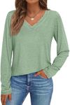 AUTOMET Long Sleeve T Shirts for Women Lace V Neck Casual Cute Tops Loose Fit Fall Winter Basic Clothing, LightGreen, L