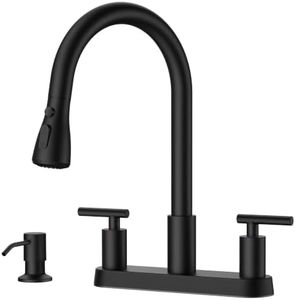 FORIOUS 2-Handle Kitchen Faucet with Soap Dispenser, Matte Black 4-Hole | No-Lead SUS304 Stainless Steel, 3-Mode Pull Down Sprayer, 8-Inch ABS Deck Plate Centerset Faucet for RV Bar Laundry Farmhouse